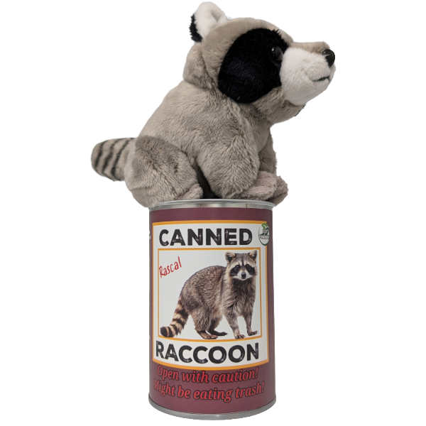 Canned Raccoon | Stuffed Animal Plush w/Funny Jokes on Can