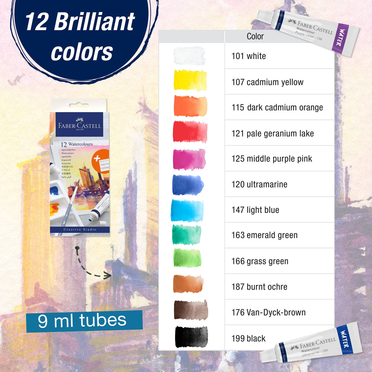 Watercolor Paint, Set of 12 Paint Tubes for Artists
